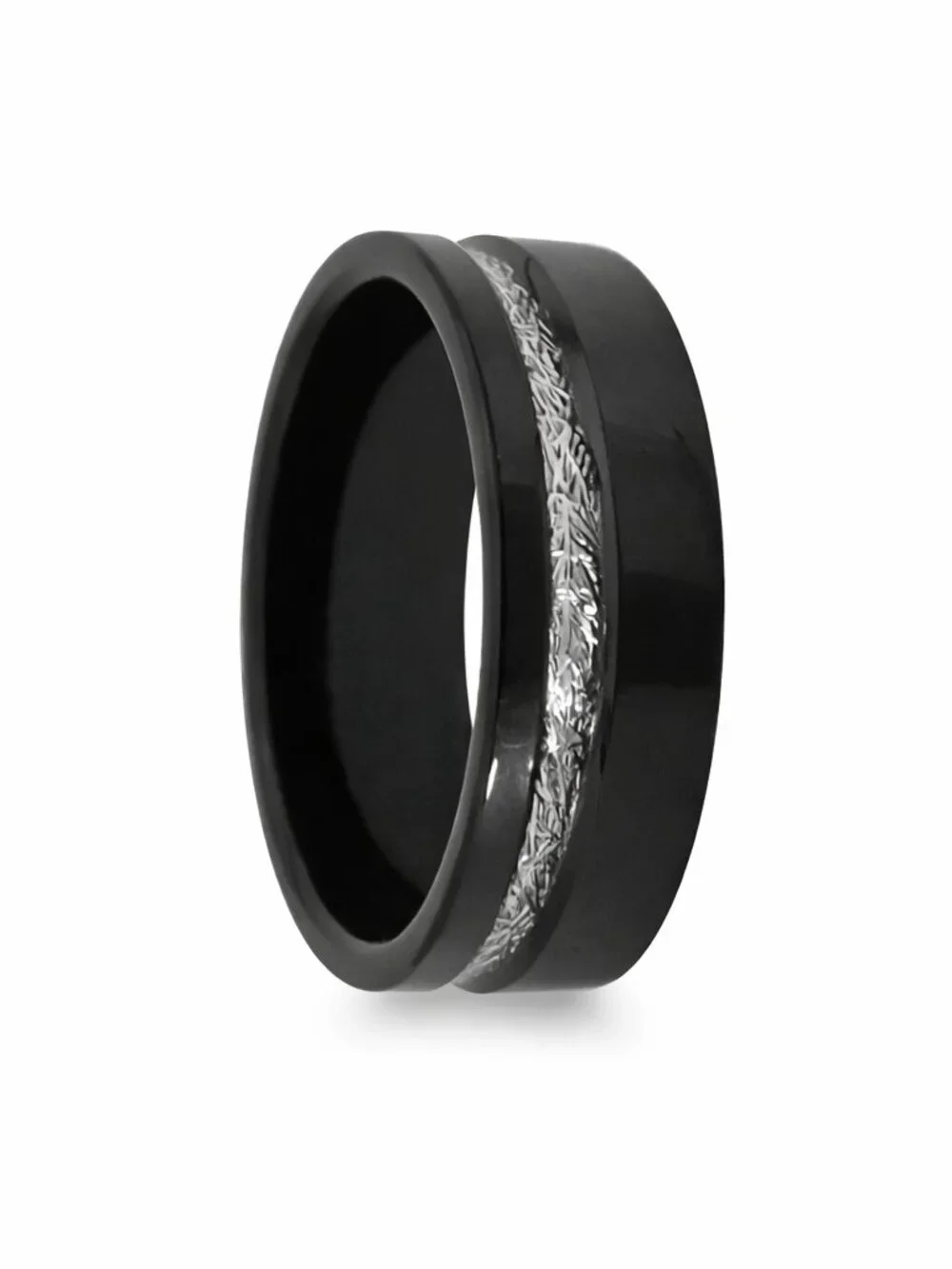 Size 10 Black Stainless Steel Wedding Band Crackled Silver Inlay